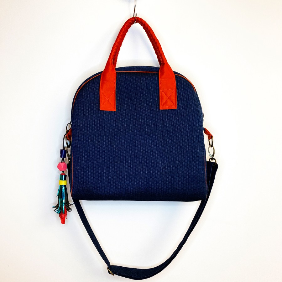 Little MADMUAZELE. Blue hand-painted bag with a long handle.