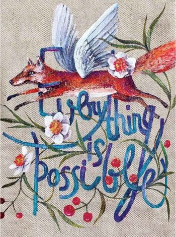 Atvirukas su skrendančia lape ir užrašu "Everything is possible"
