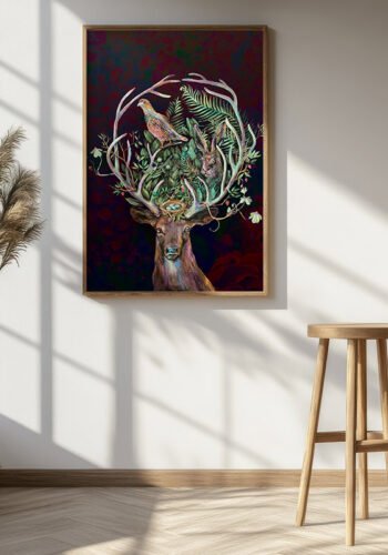 Plakatas ant sienos su Elniu, kurio raguose žolynai ir gyviai