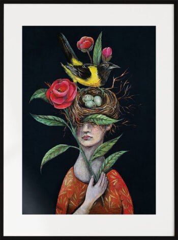 Plakatas Volungė, su mergaite, gele ir paukščiu rėme